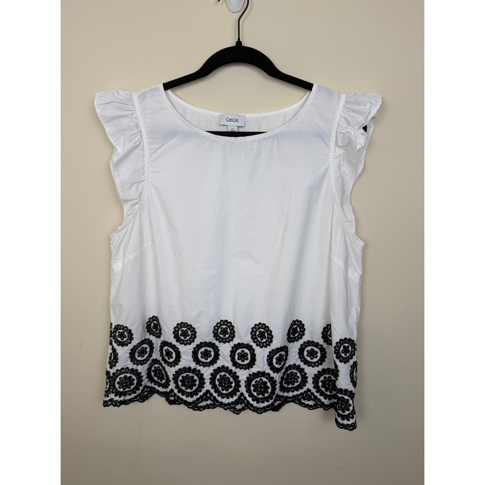 CeCe Blouse Women's XL White Black Embroidered Eyelet Cotton Ruffle Sleeve Boho